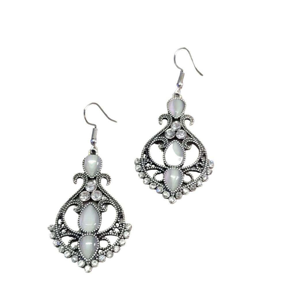 Vintage Style Silver Dangle Earrings with White Accents Nickle Free Hook